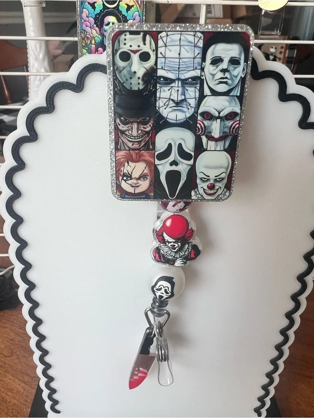Horror Character Beaded Badge Reel - Black, White, Red